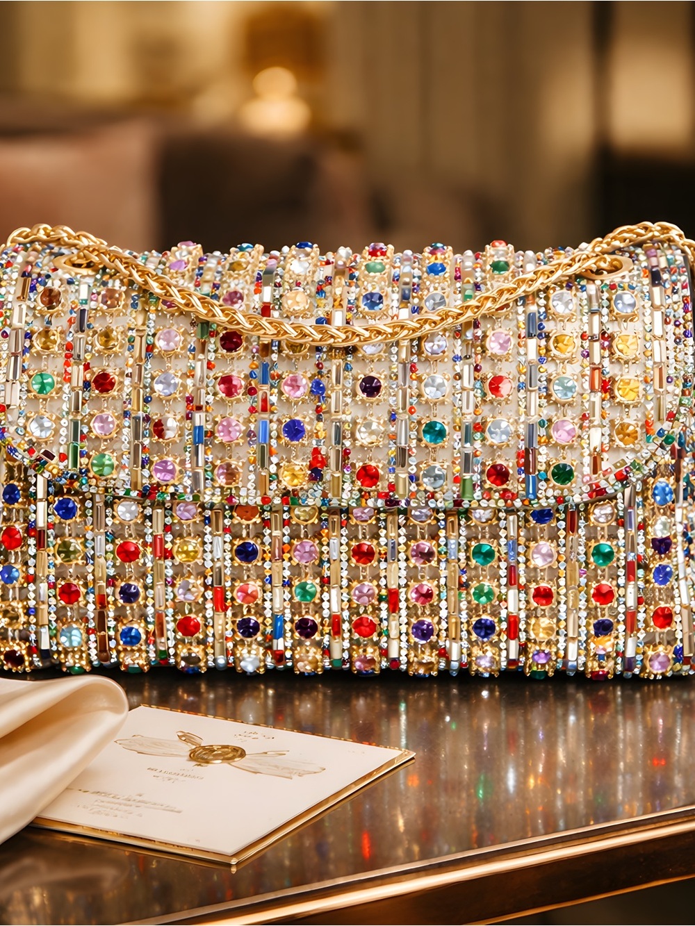 Multicolored Jeweled Chain Shoulder Bag by
